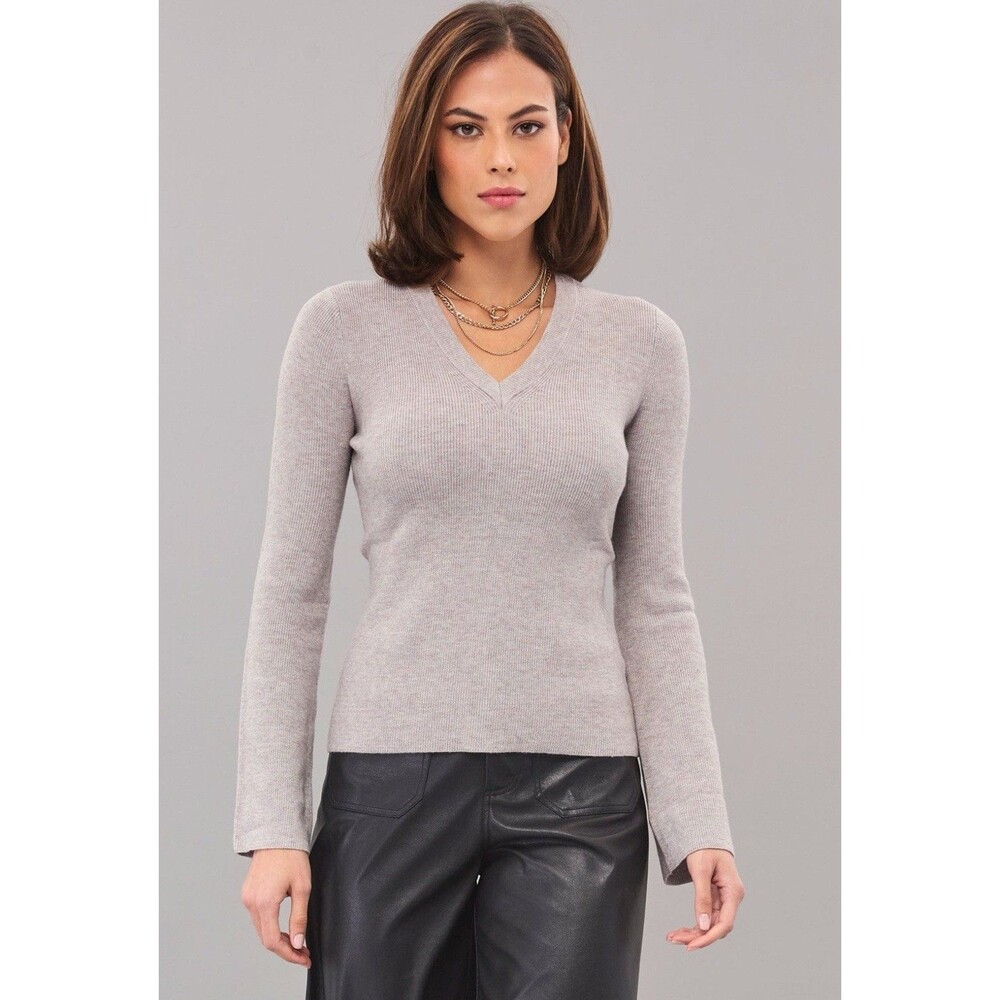 LOLA & SOPHIE Anthropologie Grey Flare Ribbed Sweater Retail $145 Size Small